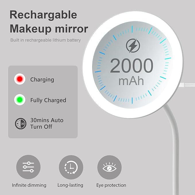 6.5" Clip on Vanity Makeup Mirror with Light, gooseneck Travel 5X Magnifying Mirror,USB Recharge (White 5X)