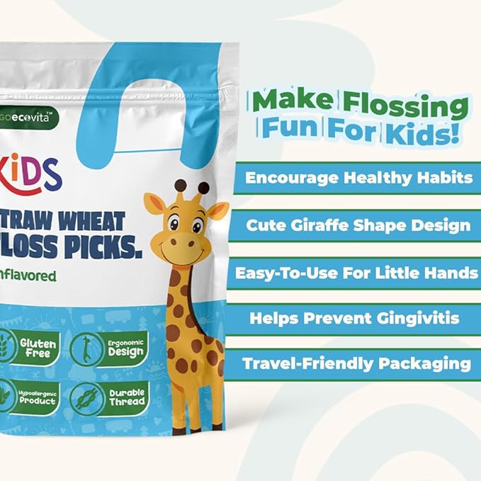 Kids Flossers - Straw Wheat Handle | Dental Floss Picks for Children | Fluoride-Free | Colorful & Fun Animal Floss Sticks (Unflavored, 200 Pack)