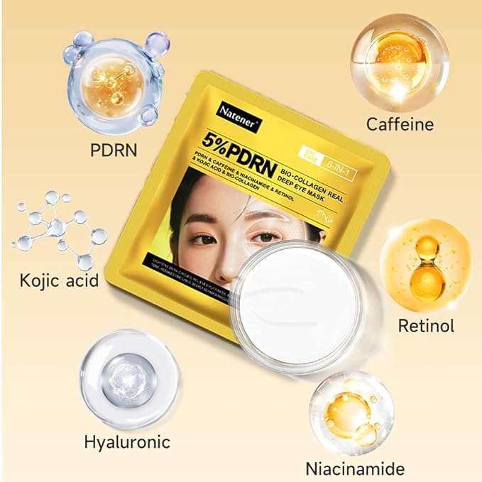 8 Pairs 5% PDRN Under Eye Patches, 6-in-1 Bio-Collagen 360° Eye Patches for puffy eyes, dark circles & Wrinkle | 2% Caffeine, Kojic acid, Retinol, Hyaluronic, Niacinamide | Korean Popular Eye Care