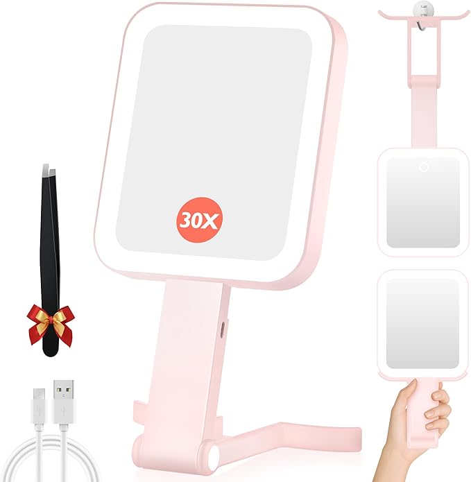 Magnifying Travel Mirror with Light, 30X/1X Double-Sided Magnifying Mirror with 3 Color Lights, Brightness Adjustable, Foldable Handheld Makeup Mirrors Portable for Travel and Desktop Use