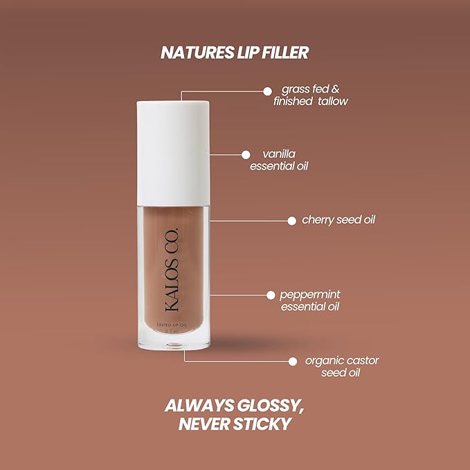 Kalos Co. Tinted Lip Oil with Tallow & Lanolin – Hydrating Balm-Gloss Hybrid with Cherry Seed Oil & Castor Oil – Natural Mineral Pigments, Nourishing Moisture, Non-Sticky Shine (5 Shades) (Bare)