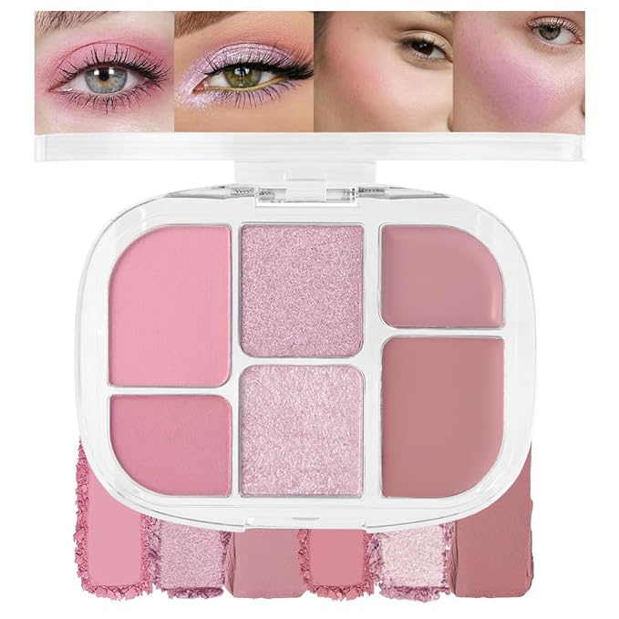 6-in-1 Cream & Powder Makeup Palette for Old Women – Blush, Highlighter & Eyeshadow, Matte & Shimmer Finish, Rose Nude Tones, Travel-Friendly Compact 03