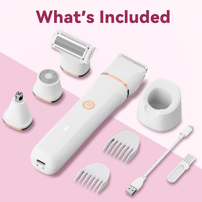 Electric Bikini Trimmer for Women - 4 in 1 Electric Shaver for Women, Waterproof Pubic Hair Trimmer and Facial Hair Remover, Replaceable Razors & Nose Hair Trimmer, Rechargeable Women's Grooming Kit