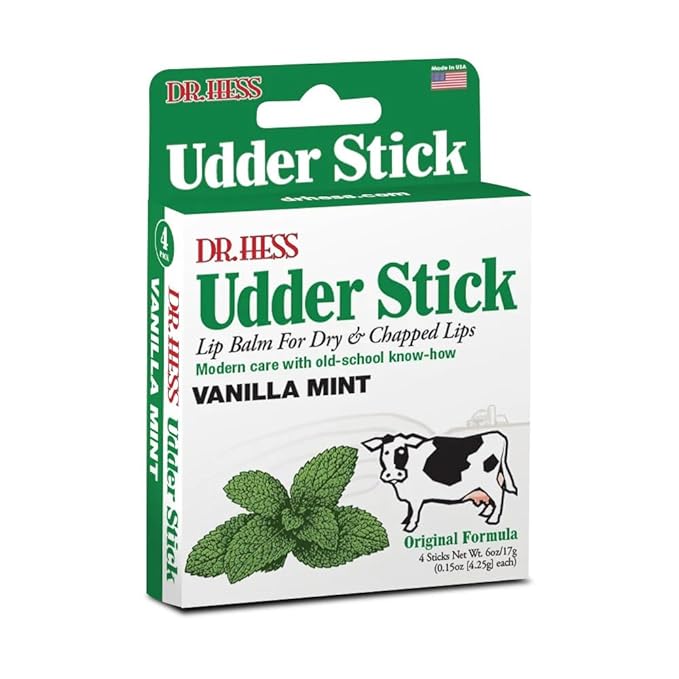 Dr. Hess Original Udder Stick SPF Lip Balm, Soothing Moisturizer Sun Screen Balm for Dry Lips with Jojoba, Beeswax & Shea Butter, Total Lip Care, Hydration & Repair, Mint Flavor, 4 Pack