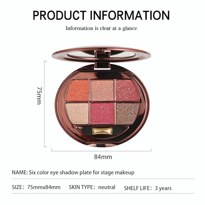 Shimmer Glitter Metallic Mini Eyeshadow Palette – 6-Color Warm Coral Peach Pink Eye Shadow, High Pigment Long-Lasting Waterproof Nude & Glam Eye Makeup Palette for Soft Glam, Daily Wear & Party Looks