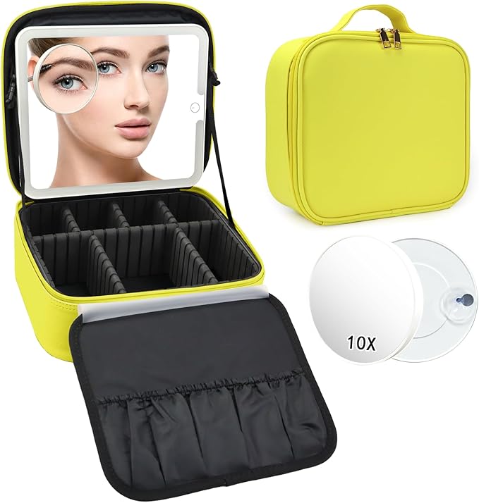 SLUMAZI Travel Makeup Bag with LED Mirror and 10x magnifying glass with 3 Lighted Settings, Adjustable Dividers and Makeup Brush Storage Bag Yellow