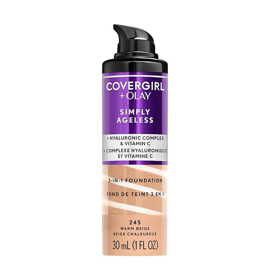 COVERGIRL & Olay Simply Ageless 3-in-1 Liquid Foundation, Matte Finish, Hyaluronic & Vitamin C Formula, 245 Warm Beige, 1 Count