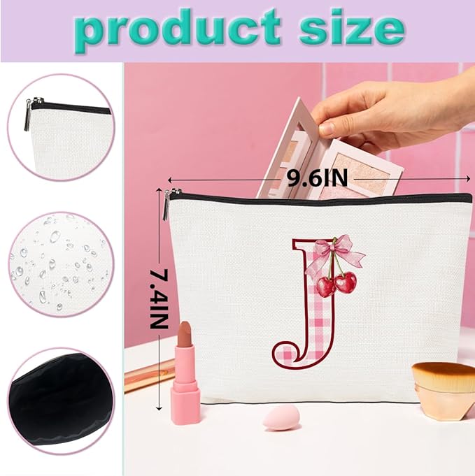 CQM Initial Makeup Bag Monogram Cosmetic Bag Monogrammed Gifts for Women Girls Friends Coworker Nurse Personalized Travel Toiletry Bag Christmas Bridal Shower Wedding Bridesmaid Gifts, Cherry J