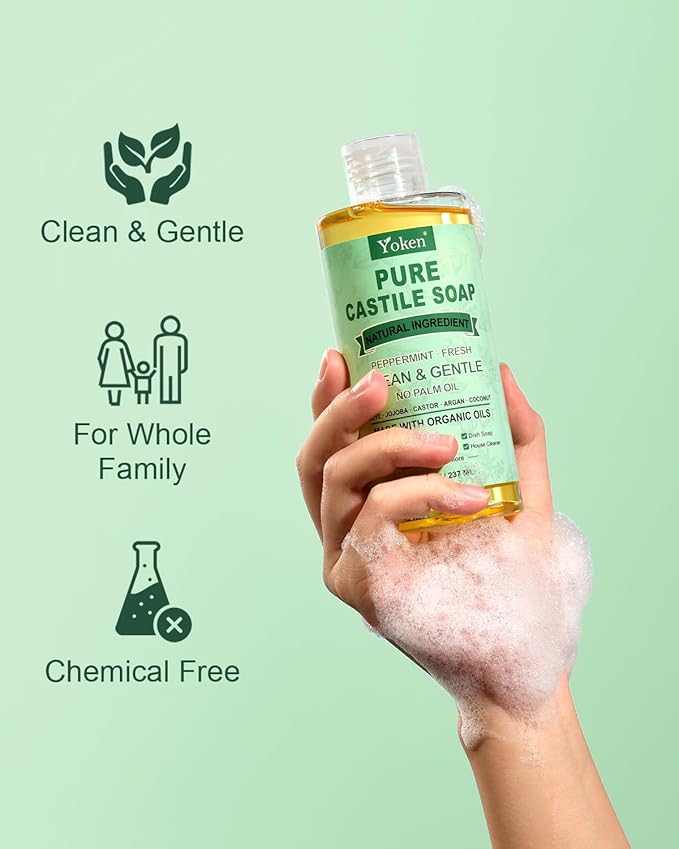 Yoken Peppermint Castile Soap Liquid 8 OZ, Made with Certified Organic Oils, Gentle Peppermint Soap for Body Wash, Face, Hands, Dishes, Laundry & More - Vegan & Natural Ingredients Versatile Cleanser