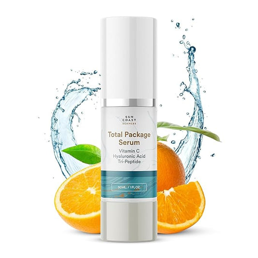Sun Coast Sciences - Total Package Serum, All-In-One Vitamin C, Hyaluronic Acid, Anti-Aging Facial Super Serum for Wrinkles, Age Spots - 1 fl oz (Pack of 4)