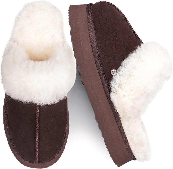 Parfeying Women's Shearling Slippers Genuine Leather with Rubber Sole, Sheepskin Fuzzy Indoor Outdoor Shoes for Home