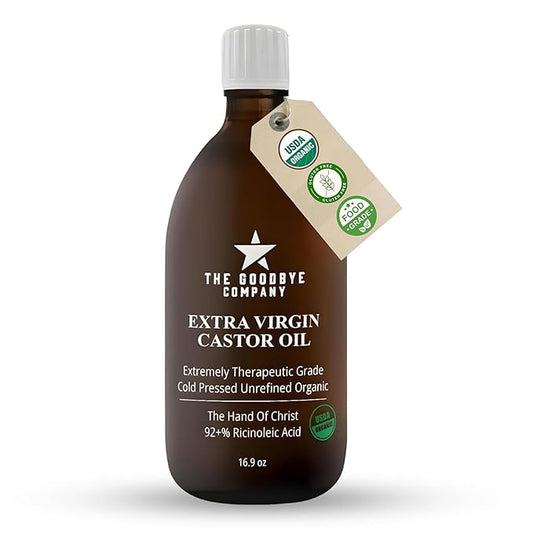 Premium USDA Organic Cold-Pressed Food Grade Castor Oil - 16.9 oz Glass Bottle, Hexane-Free, Small Batch, Extra Virgin, Ethically Sourced for Hair Growth, Skin Care, Lashes, Brows & Digestion
