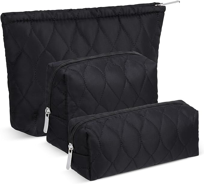 Huhumy 3 Pcs Puffy Makeup Bag Quilted Cosmetic Pouch for Women Cute Waterdrop Travel Toiletry Bag Puffer Makeup Organizer Purse Pouch Preppy Pencil Case with Zipper(Black)