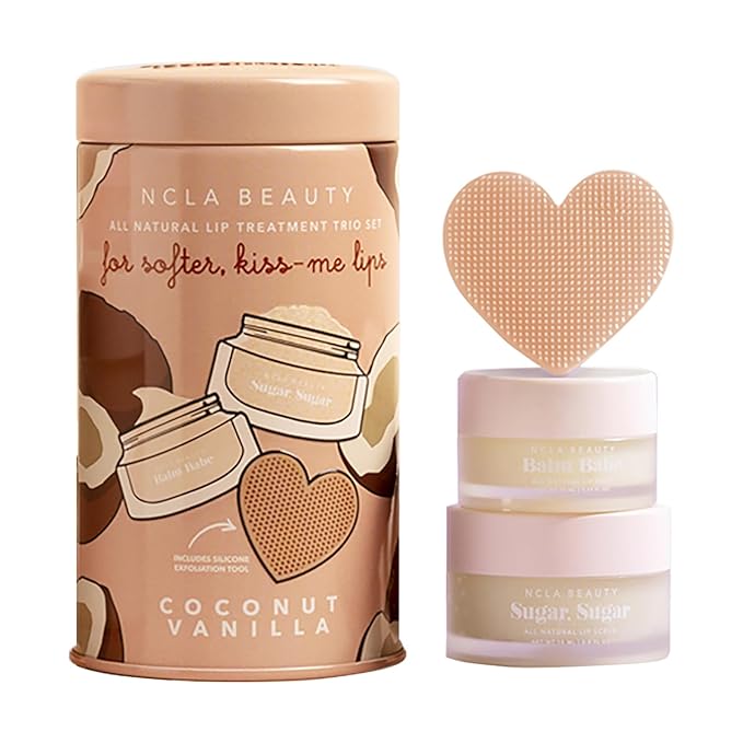 NCLA All Natural Lip Treatment Set - Hydrating Lip Balm - Vitamin C, E, and Agave Sugar Scrub with Silicone Scrubber - Coconut Vanilla - 3 pc