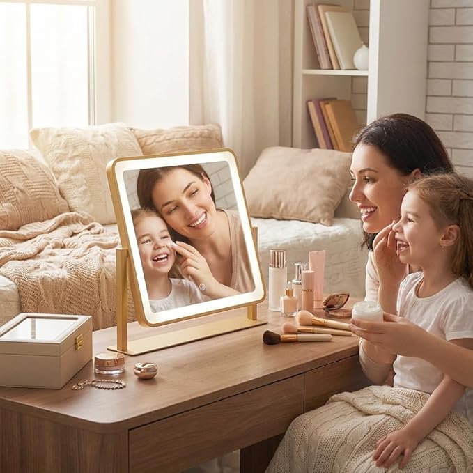 Vanity Mirror with Lights, 14"×12" Makeup Mirror with Lights, LED Makeup Mirror, Brightness Adjustable, Smart Touch with 3 Color Lighting Modes, for Bedroom Tabletop - Gold