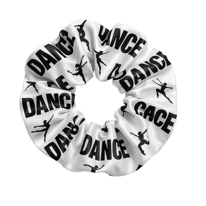 Dance Scrunchie – Soft Velvet Hair Tie with Dancer Print for Girls and Teams – Black and White Dance Accessory and Gift for Recitals, Competitions, Ballet, Jazz, or Cheer