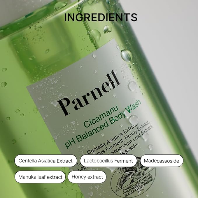 Parnell Cicamanu pH Balanced Body Wash 13.5 Fl Oz | Salicylic Acid LHA Cica HA Ceramide | Mild Soothing Cleanser for Back Acne Bacne & Sensitive Troubled Skin