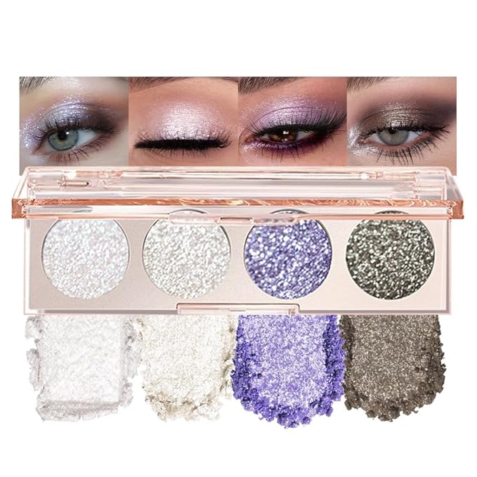 Shiny Shimmer Highlight Eyeshadow Palette, Cream Sparkling Glitter Metallic Powder Quad, Day to Night Champange Gold Silver Brown White Smoky sombras de ojos, Party Cosmetics (Ice flash-Shimmer-03#)
