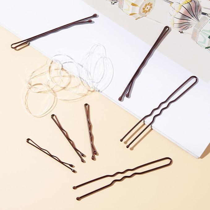 300 Pcs Brown Wave-Shaped, U-Shaped Bobby Pins and 100 Pcs Elastic Hair Bands Mix Metal Hair Pins Hair Accessories for Women Stylists Hair Sticks Girl