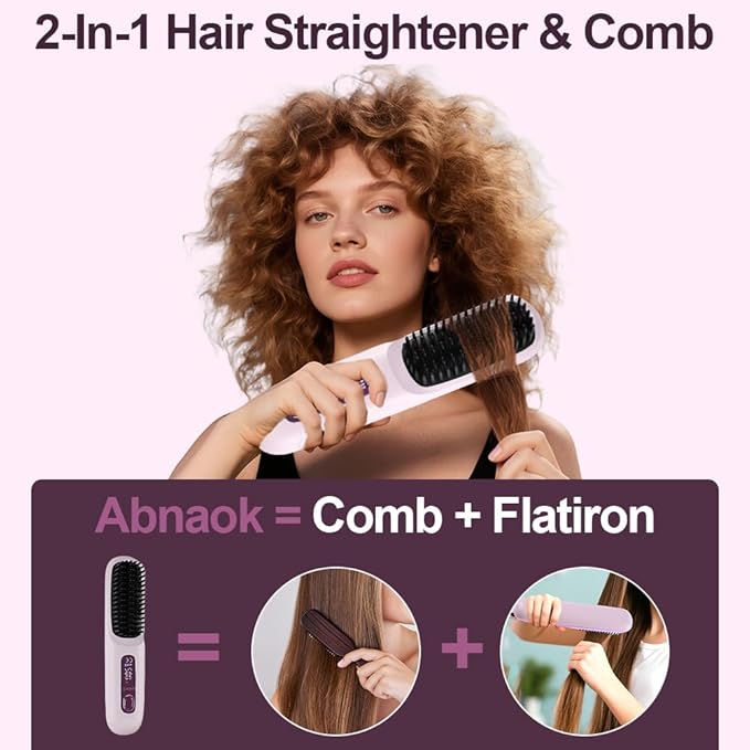 Cordless Hair Straightener Brush, Mini Hair Straightener Comb with Negative Ion, Portable Hot Comb Straightener for Women, Rechargeable 4000mAh Battery, Anti-Scald, 3 Temp-Setting
