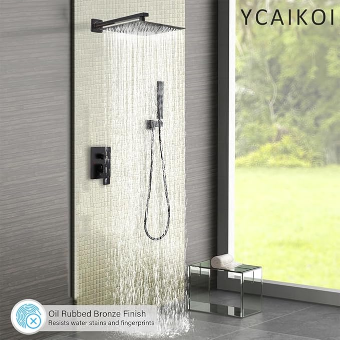 YCAIKOI Shower Faucet Set Complete, Wall Mount Shower System for Bathroom 12 Inch High-Pressure Rainfall Shower with Handheld, Rough-in Valve Body and Trim Kit, Oil Rubbed Bronze