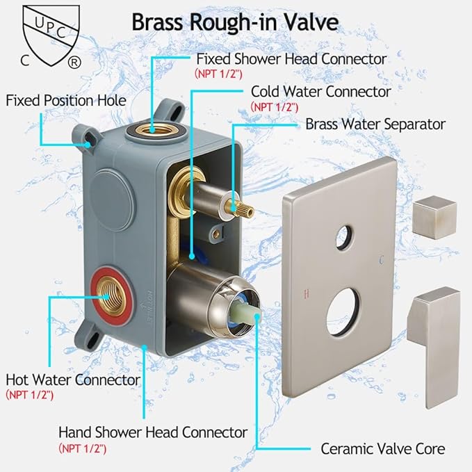 YCAIKOI Brushed Nickel Shower System, 8 Inch High Pressure Rain Shower with Handheld, Wall Mount Shower Faucet Set for Bathroom, Rough-in Valve Body and Trim Included