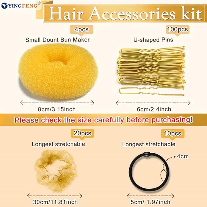 YINGFENG 134 Pcs Gold Hair Bun Maker Kit Medium - 4 Bun Hair Pieces for Women, 20 Hair Net for Buns, 100 Bobby Pins for Women, 10 Hair Bands, for Ballet Styling, Hair Accessories for Girls