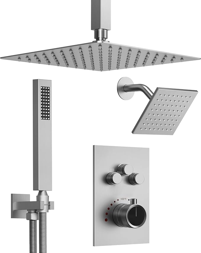 GRANDJOY Thermostatic Shower System, Dual Rainfall Shower Heads for Ceilling & Wall Mounted with Handheld Sprayer, Brushed Nickel