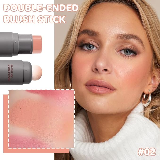 Cream to Powder Blush Stick, High Impact Color, Moisturizing Face Makeup (02#, 1 Count (Pack of 1))