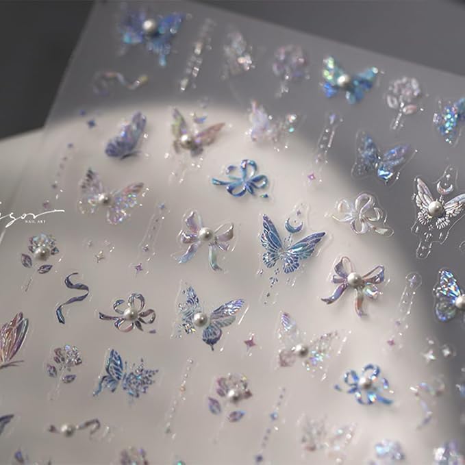 Butterfly Nail Stickers for Nail Art 5D Embossed Aurora Butterfly Nail Stickers with Pearl Flower Design Butterfly Nail Decals Spring Summer Nail Supplies for Women Girls Manicure Decoration