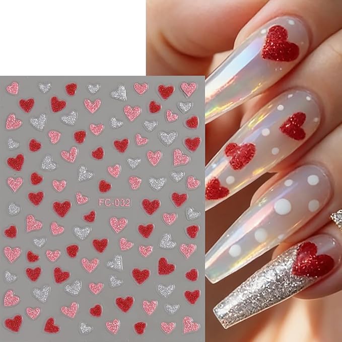 8 Sheets Heart Nail Art Stickers Red Gold Silver Black Star and Heart Nail Decals Valentines Nail Sticker Romantic Hearts Shaped Design Valentine's Stickers for Women Manicure Decoration