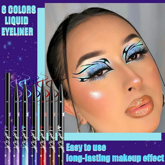 evpct 6Pcs Matte Liquid Eyeliner Set Pack Waterproof Smudge Proof, Lavender Purple Sky Royal Blue Red Brown Black Eye Liner Liquid for Face Body Paint, Longwear Eyeliners Waterline Thin Quick-dry 02