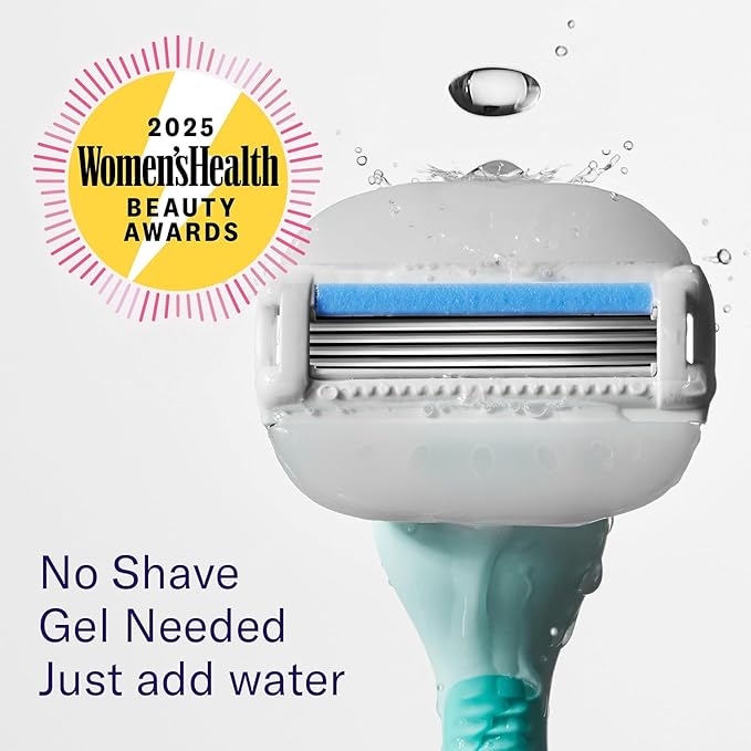 Flamingo Moisture Plus Women's Razor Set - No Shave Gel Needed - Razor Handle, 4 Blade Refills, Shower Holder - Seafoam