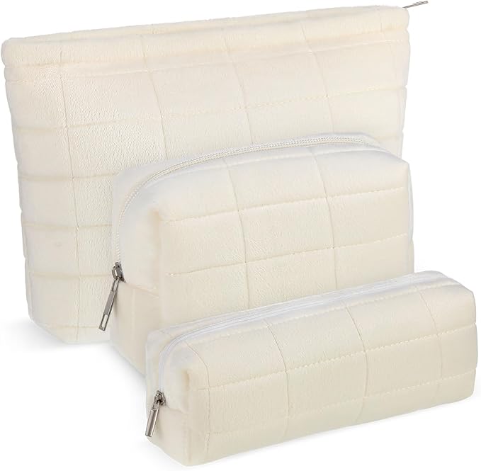 Huhumy 3 Pcs Puffy Makeup Bag Set Quilted Plush Emergency Pouch for Women Cute Checkered Travel Toiletry Bag Puffer Aesthetic Makeup Organizer Cosmetic Purse Pouch Preppy Pencil Case (White)