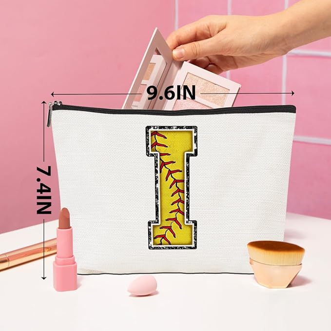 CQM Softball Gifts Initial Makeup Bag Monogrammed Cosmetic Bag Yellow Letter I Zipper Pouch Softball Accessories for Girls Women Player Coaches Friend Graduation Birthday Gifts