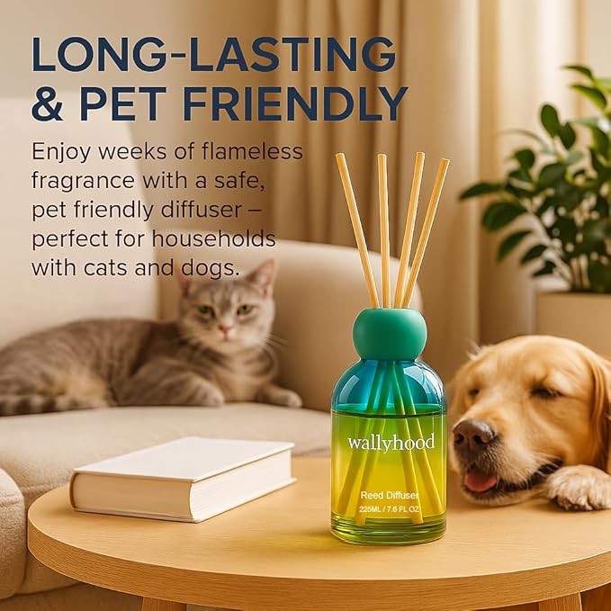 Reed Diffuser Set 7.6 fl oz (225ml) – Extended Flameless Home Fragrance for Bathroom, Bedroom & Living Room – Yellow Green Gradient Glass Decorative Reed Diffuser, Pet Friendly, Gift Ready