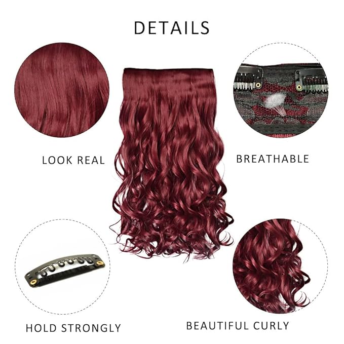 REECHO 16" 1-Pack 3/4 Full Head Curly Wavy Clips in on Synthetic Hair Extensions HE008 Hairpieces for Women 5 Clips 3.9 Oz per Piece - Wine Red