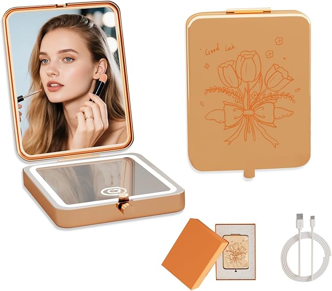 Compact Travel Mirror with Lights, 3X Magnification LED Cute Makeup Vanity Mirror with Light for Purse, Metal 2-Sided, Portable, Folding, Handheld, Small Pocket Lighted Mirror for Gift（Tulip）