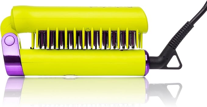 Glister Folding Hair Straightener Brush, Hair Brush for Hair Straightening, Volumizer, Fringe Curler, Hair Styling Comb with Adjustable Temperature - Lime Burst (Yellow)