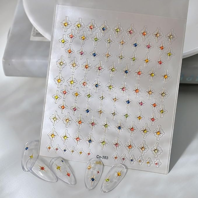 5D Embossed Nail Art Stickers Star Nail Decals Gold Gems Self-Adhesive Nail Stickers for Nails Art 3D Quadrangular Star Design Red Manicure Decorations Nails Supplies for Women