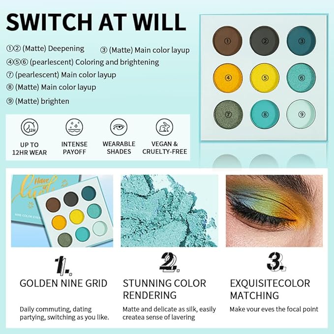 Matte Shimmer Glitter Eyeshadow Palette – High Pigment Teal, Yellow, Olive & Brown Shades, Long-Lasting Waterproof Blendable Bright Eye Makeup, Colorful Artistic Eyeshadow for Creative & Daily Looks