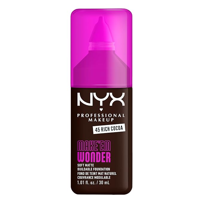 NYX PROFESSIONAL MAKEUP Make 'Em Wonder Liquid Foundation, 24HR Foundation Makeup With A Soft Matte Finish, Buildable Full Coverage - 45 Rich Cocoa