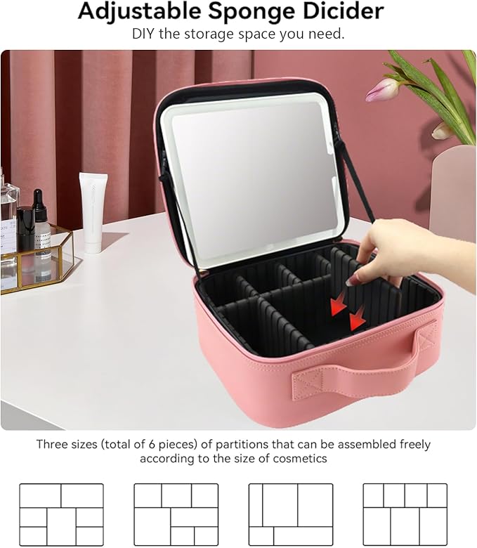 SLUMAZI Travel Makeup Bag with LED Mirror with 3 Lighted Settings, Adjustable Dividers, Makeup Brush Storage Bag and Jewelry Case Pink