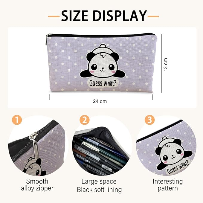 BARPERY Cute Baby Panda Guess What It's Pug Butt Cosmetic Bag, Purple Makeup Case for Teen Girls & Women, Canvas Zipper Pouch
