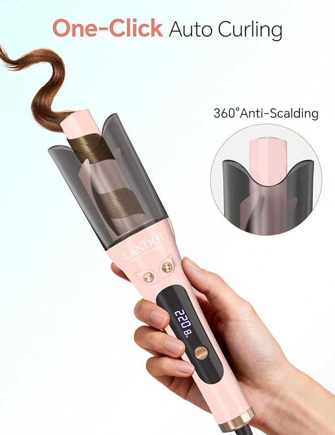 LANDOT Automatic Curling Iron 1-inch: Easy-to-Use Self Curling Wand with Auto Rotation, Anti-Tangle Technology for Beginners, Ideal Gift for Girls & Teens - Charming Pink