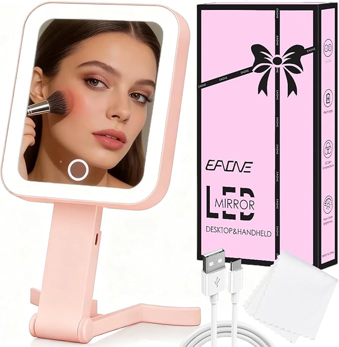EAONE Travel Makeup Mirror with Lights, Double Sided Magnifying Vanity Mirror 10X/1X with 3 Color Lighting & Dimmable Touch Screen, Compact Handheld Cosmetic Mirror for Bathroom, Women Gifts (Pink)