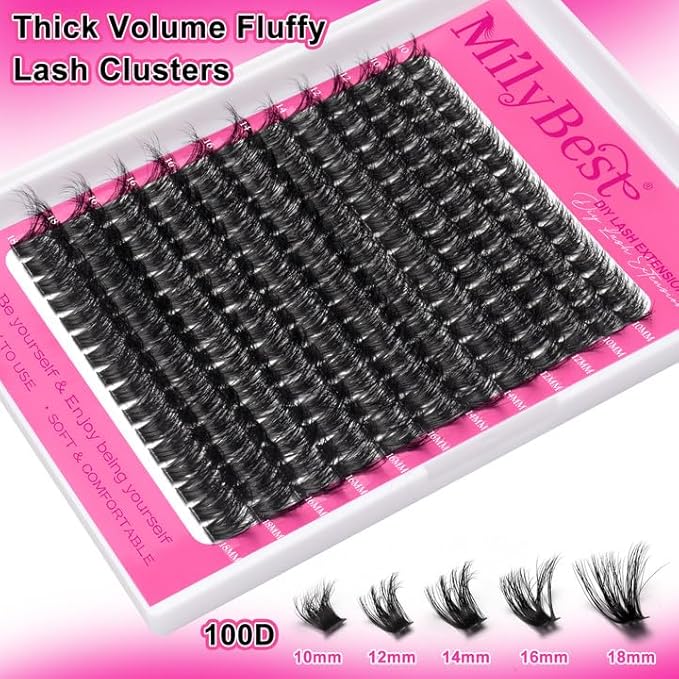 MilyBest Lash Clusters Kit 100D Fluff Cluster Eyelash Extensions 10-18mm Individual Lashes Clusters D Curl Lash Extension Kit, Waterproof Thick Volume Eyelash Clusters with Bond & Seal, Tweezers