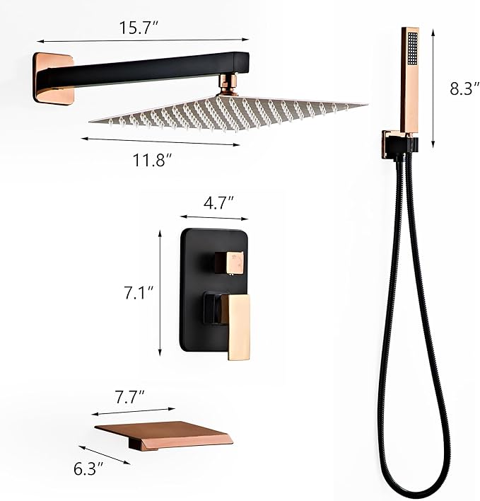 LCEVCGK Shower Faucet Set with Tub Spout, Matte Black and Rose Gold Rainfall Shower System Complete Wall Mounted for Bathroom with 12 Inch Square Shower Head and Handheld Shower Head Rain Mixer Combo