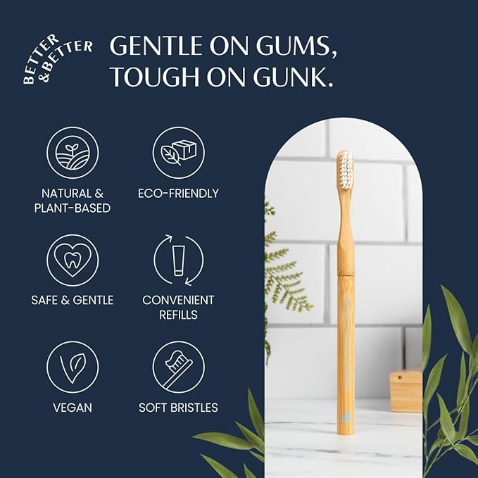 Better & Better Natural Bamboo Toothbrush | Soft Bristles | 100% Plant-Based | Reusable Handle and Replaceable Brush Head | Eco-Friendly, Zero Plastic | Adult Size (Toothbrush, Blue, White & Orange)