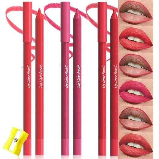 evpct 3Pcs Vermilion Rose Red Matte Long Lasting Wear Lip Liner Pencils Makeup Set for Shaping & Sculpting Lips, No Transfer Waterproof Pigmented Lip Liner Crayon lipliners Lipstick Pencil 17+19+21